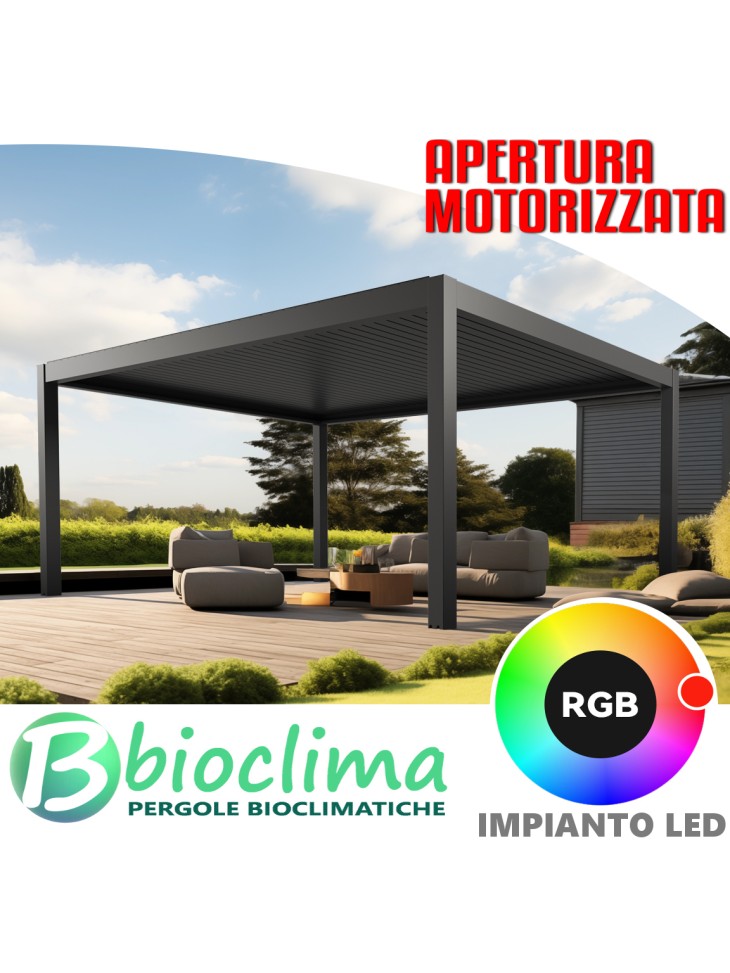 Pergola Bioclimatica in alluminio a lamelle con apertura motorizzata  controllo remoto e impianto LED RgB di serie.