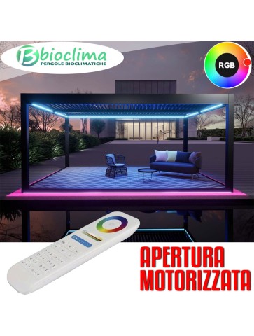 Pergola Bioclimatica in alluminio a lamelle con apertura motorizzata  controllo remoto e impianto LED RgB di serie.