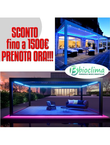 Pergola Bioclimatica in alluminio a lamelle con apertura motorizzata  controllo remoto e impianto LED RgB di serie.