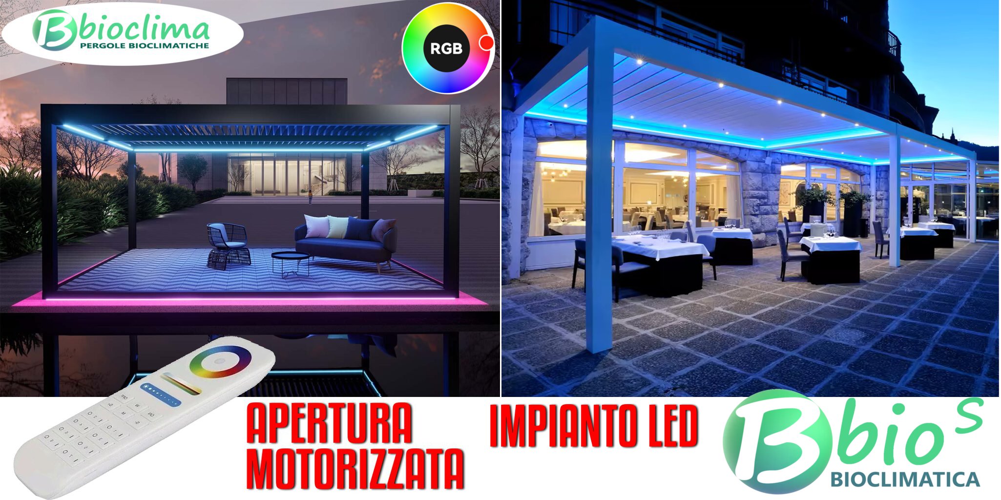 pergola bioclimatica bios in alluminio con lamelle apertura motorizzata e impianto led